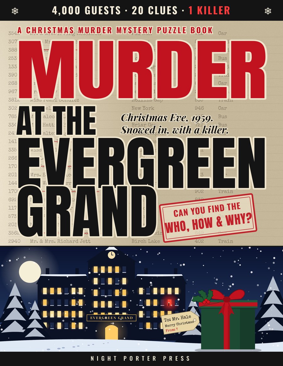 Cover of Murder at the Evergreen Grand: a snowed-in hotel at night under a giant red title